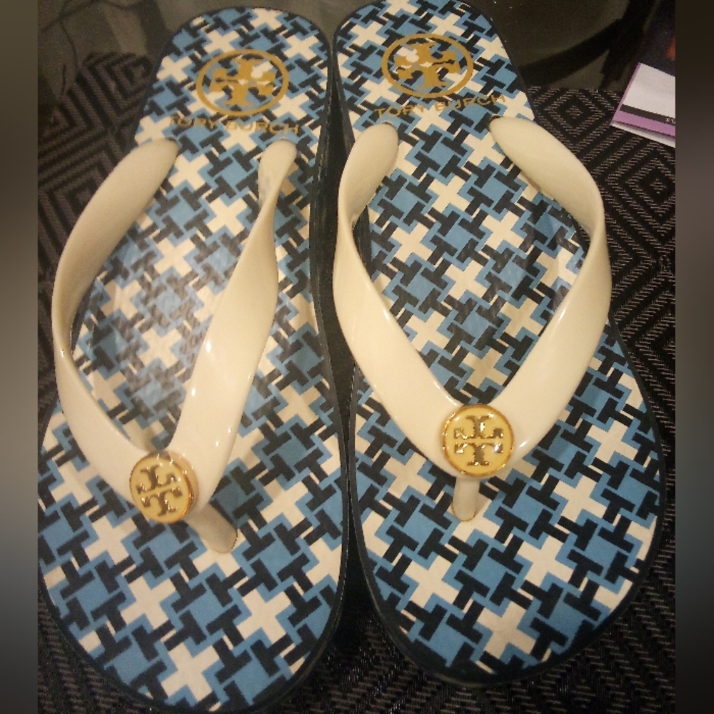 Tory Burch Blue and Cream Sandals